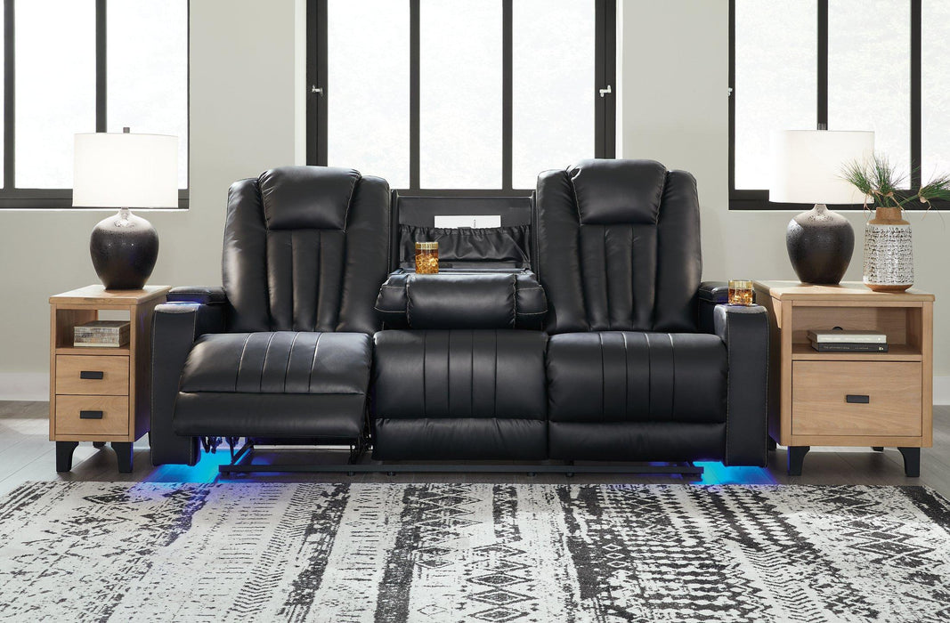 Center Point Black Reclining Sofa with Drop Down Table