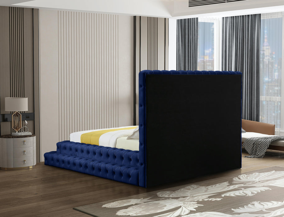 Revel Navy Velvet Queen Bed (3 Boxes)